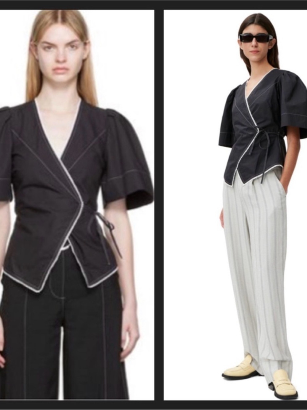 Ganni Black Wrap Top with White Contrast Stitching